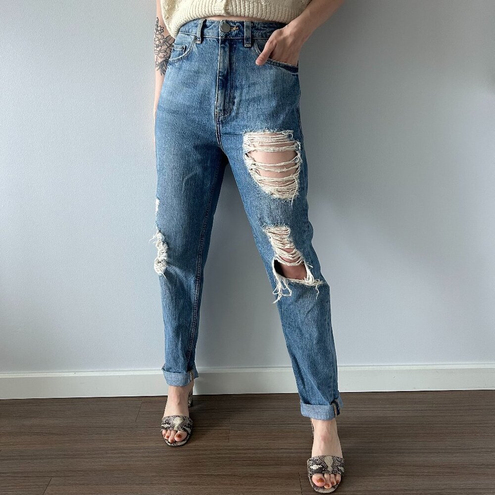 ASOS Mom Jeans in Phoebe Mid Stonewash with Busts and Stepped Hem in Tall Length